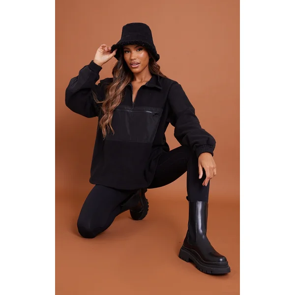 Black Contrast Zip Pocket Front Fleece Jacket