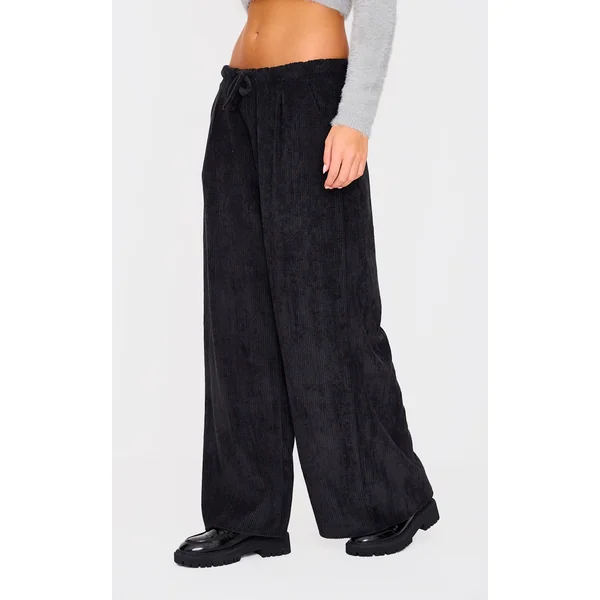 Black Cord Low Rise Drawstring Wide Leg Pants