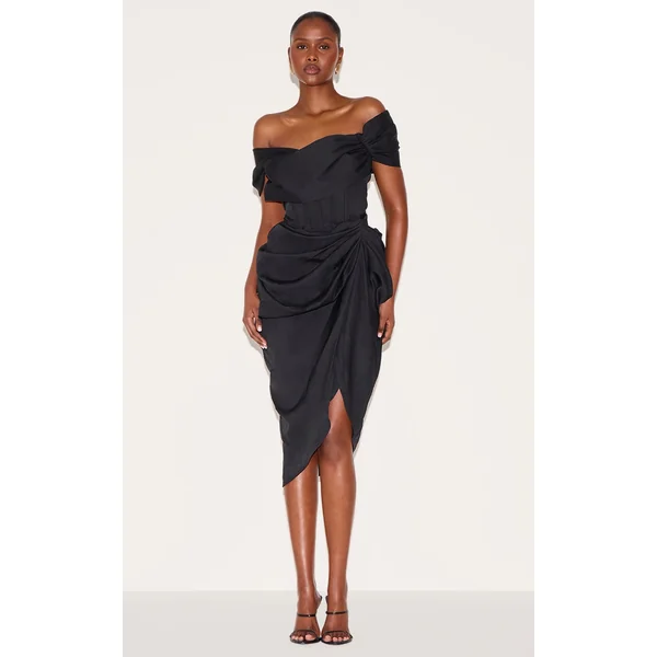 Black Corset Bardot Draped Midi Dress
