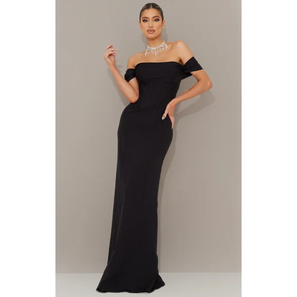 Black Corset Detail Bardot Bridesmaid Dress