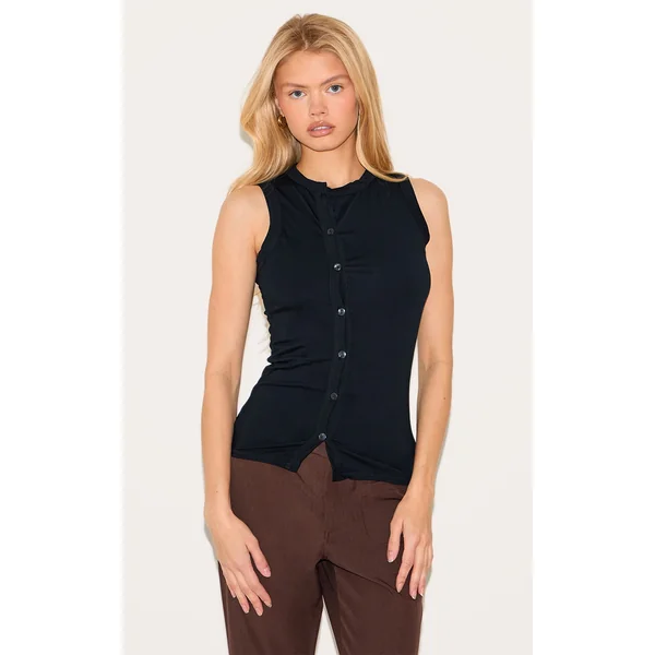 Black Cotton Asymmetric Button Down Top