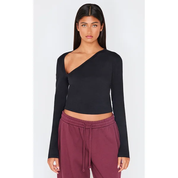 Black Cotton Asymmetric Neck Detail Long Sleeve Top