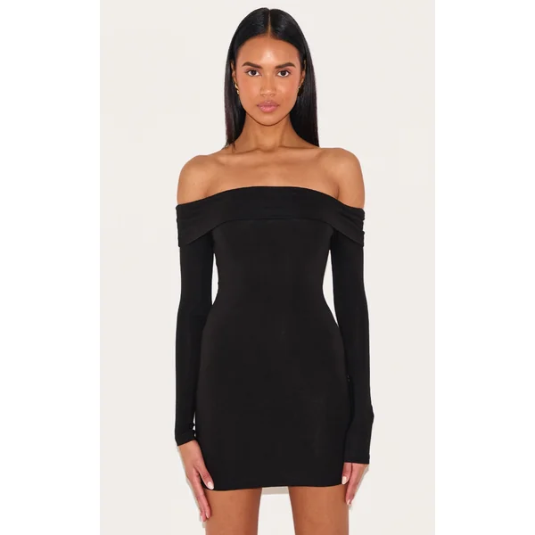 Black Cotton Bardot Fold Over Mini Dress