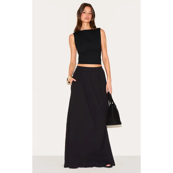 Black Cotton Cheesecloth Elasticated Waist Maxi Skirt