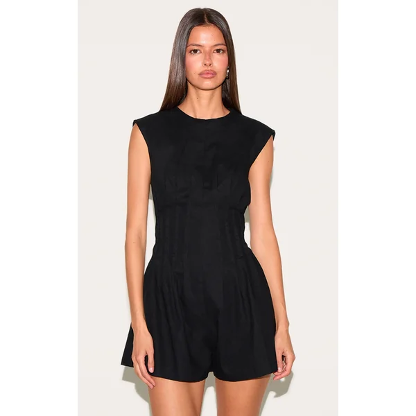 Black Cotton Cinched Waist Boat Neck Romper