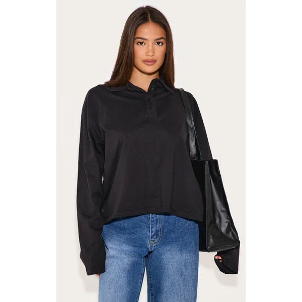 Black Cotton Collar Detail Long Sleeve Top