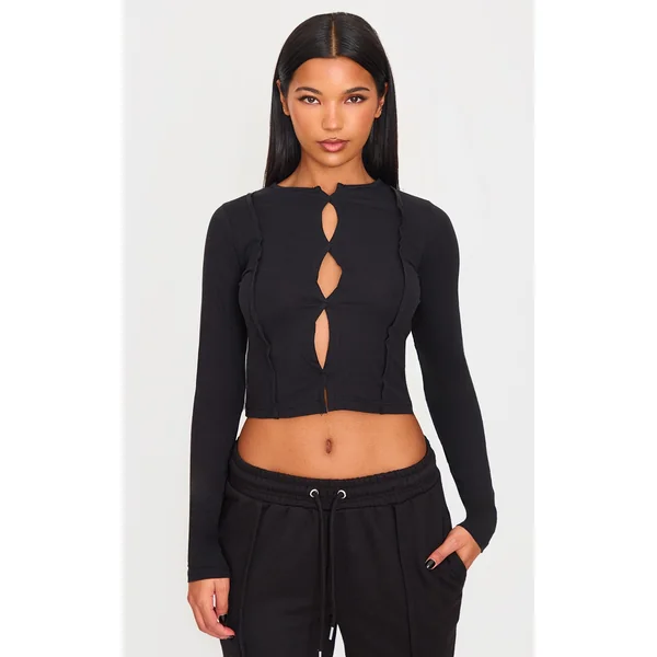 Black Cotton Cut Out Seam Detail Fitted Top