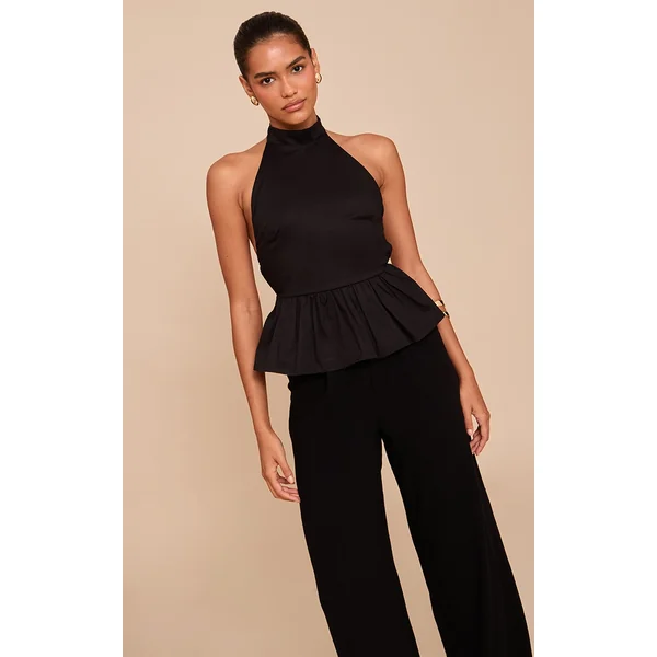 Black Cotton Highneck Backless Long Top