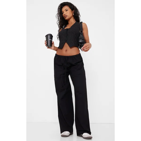 Black Cotton Linen Blend Drawstring Waist Pants