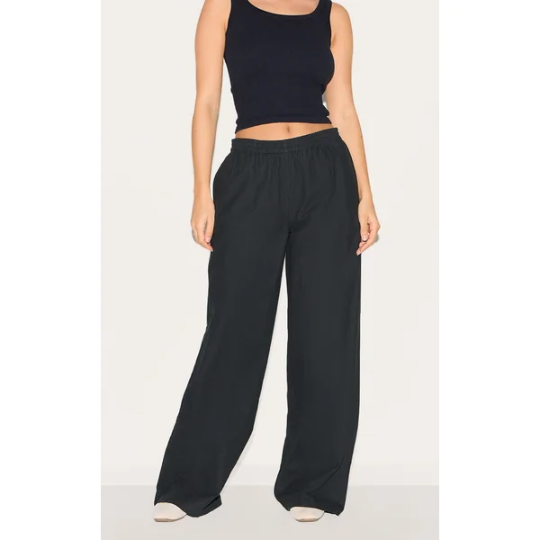 Black Cotton Linen Blend Elasticated Waist Straight Leg Pants