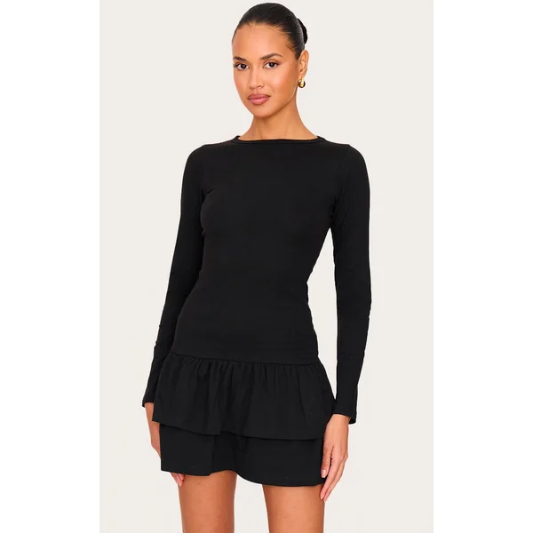 Black Cotton Long Sleeve Tiered Shift Dress