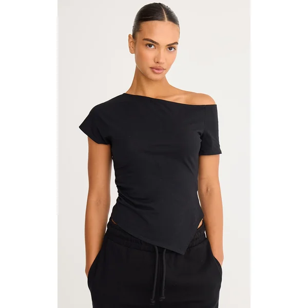 Black Cotton Off Shoulder Drape Longline Top