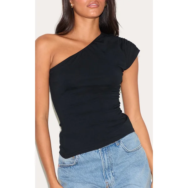 Black Cotton One Shoulder Longline Top