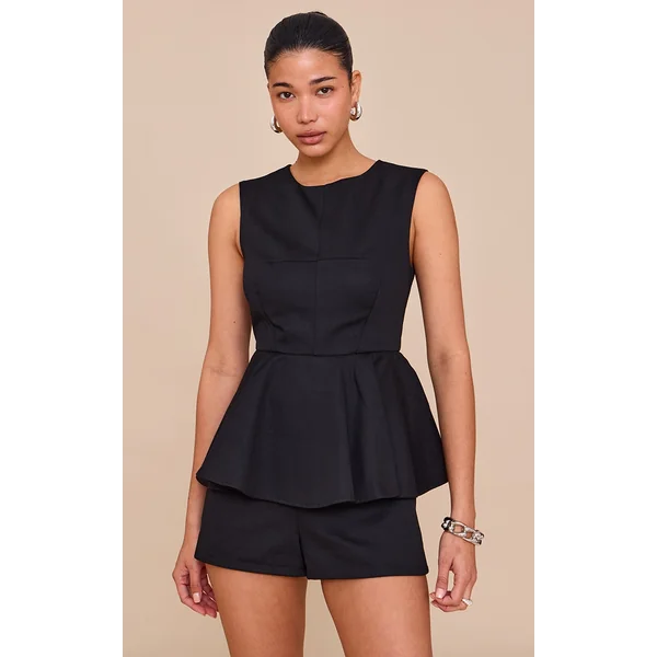 Black Cotton Peplum Skort Romper