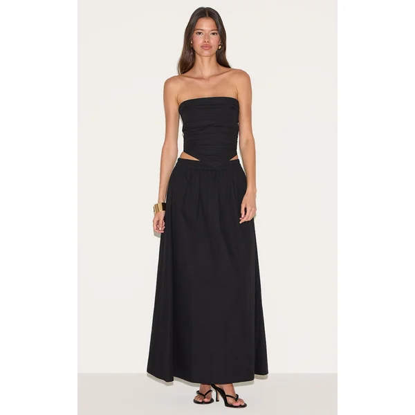 Black Cotton Poplin A Line Low Rise Maxi Skirt