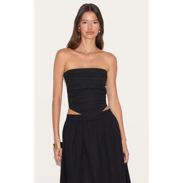 Black Cotton Poplin Ruched Front Bandeau Top