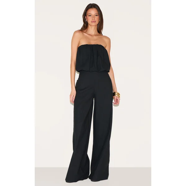 Black Cotton Puffball Bandeau Straight Leg Jumpsuit