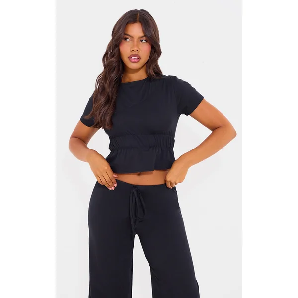 Black Cotton Ruched Detail Top