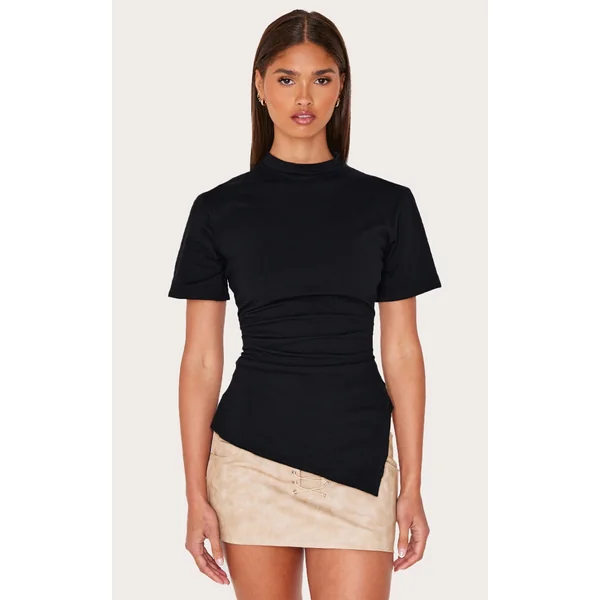 Black Cotton Ruched Side Asymmetric Hem T-shirt