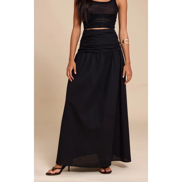 Black Cotton Ruched Waist Maxi Skirt