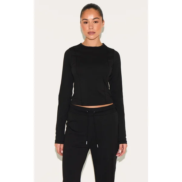 Black Cotton Seam Detail Long Sleeve Top
