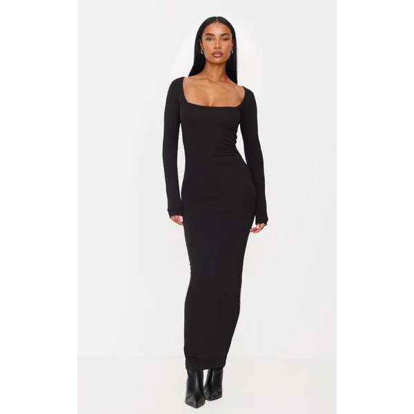 Black Cotton Square Neck Long Sleeve Maxi Dress