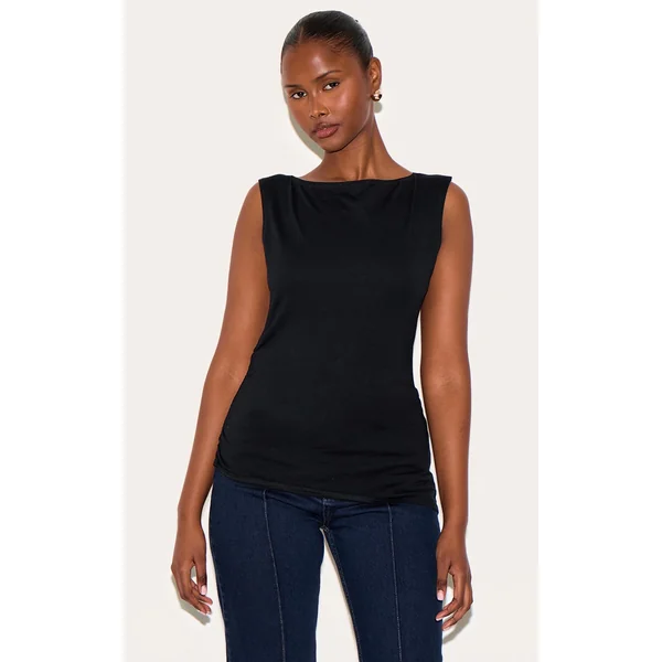 Black Cotton Straight Neck Long Top