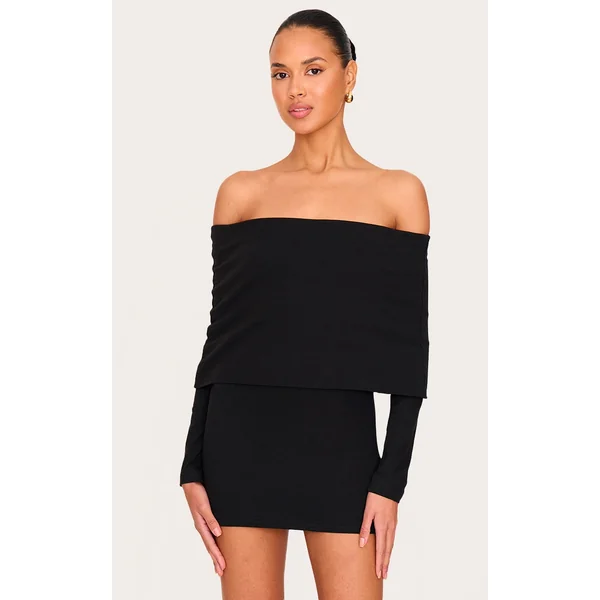 Black Cotton Super Oversized Bardot Mini Dress