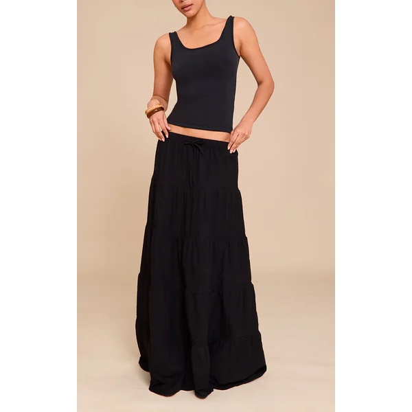 Black Cotton Tiered Drawstring Waist Maxi Skirt