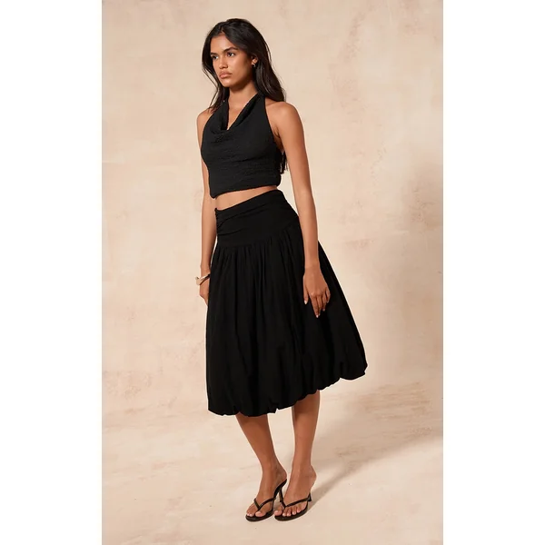 Black Cotton Volume Puffball Midi Skirt