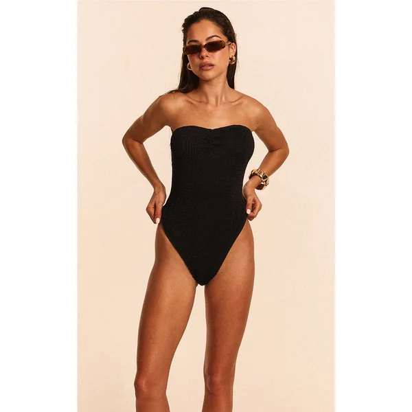 Black Crinkle Bandeau Ruched Front Swimsuit