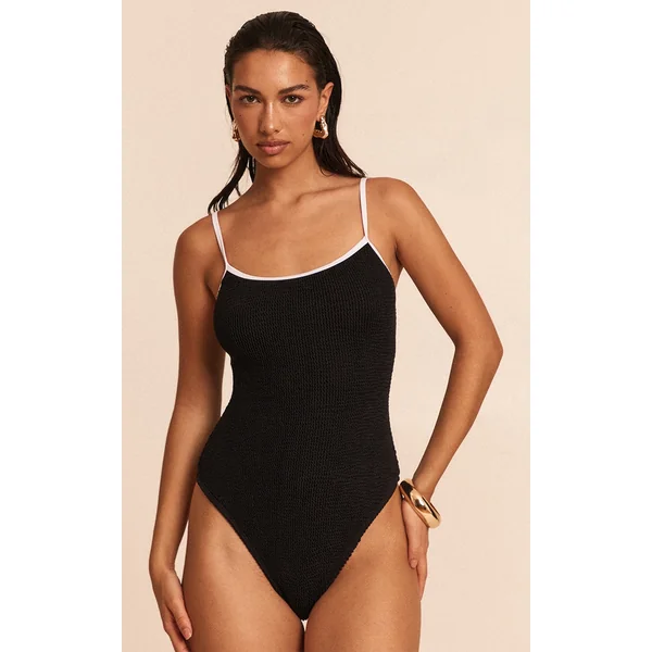 Black Crinkle Contrast Binding Strappy Swimsuit