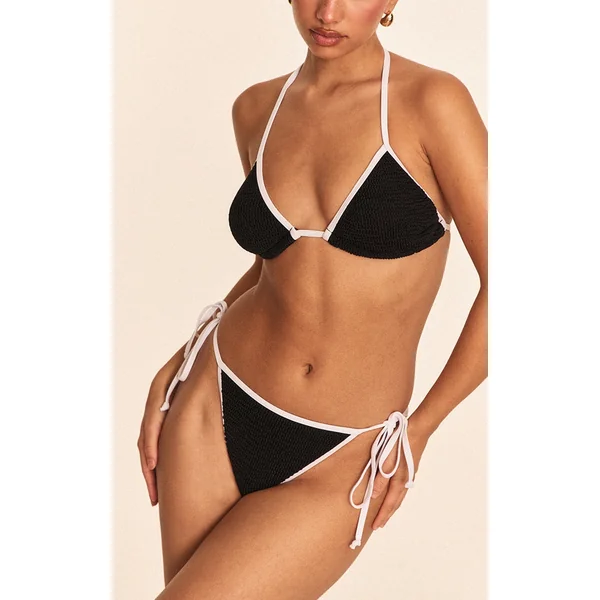 Black Crinkle Contrast Binding Tie Side Bikini Bottoms