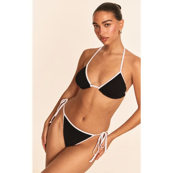 Black Crinkle Contrast Binding Triangle Bikini Top