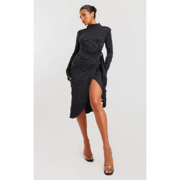 Black Crinkle High Neck Wrap Midi Dress