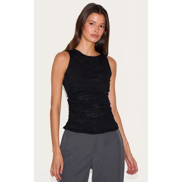 Black Crinkle Mesh Twist Shoulder Long Top