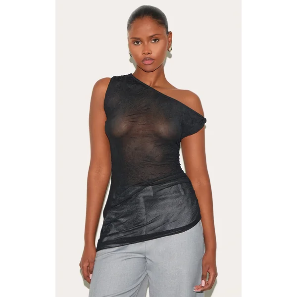 Black Crinkle Mesh Twist Sleeve Detail Long Top