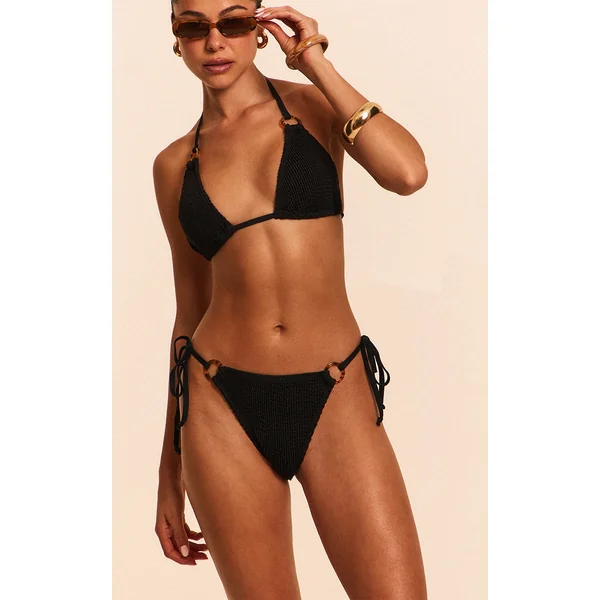 Black Crinkle O Ring Tie Side Bikini Bottoms