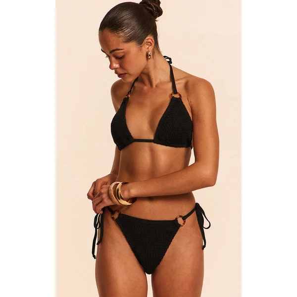 Black Crinkle O Ring Triangle Bikini Top
