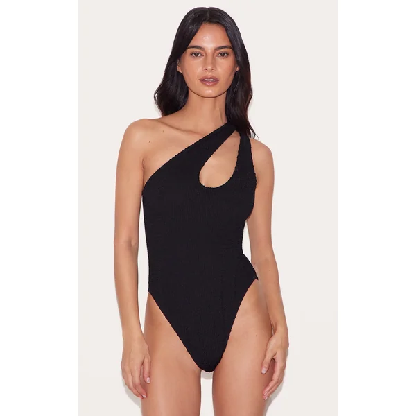 Black Crinkle One Shoulder Cut Out Swimsuit