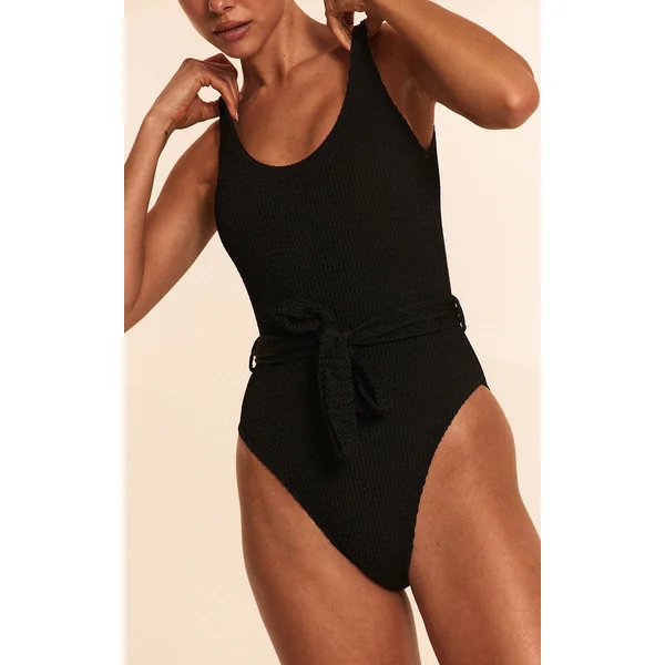 Black Crinkle Tie Waist Detail Swimsuit