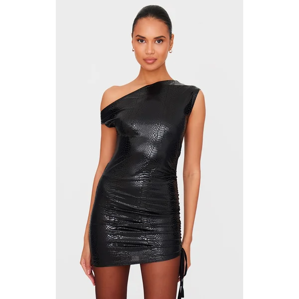 Black Croc Effect One Shoulder Mini Dress