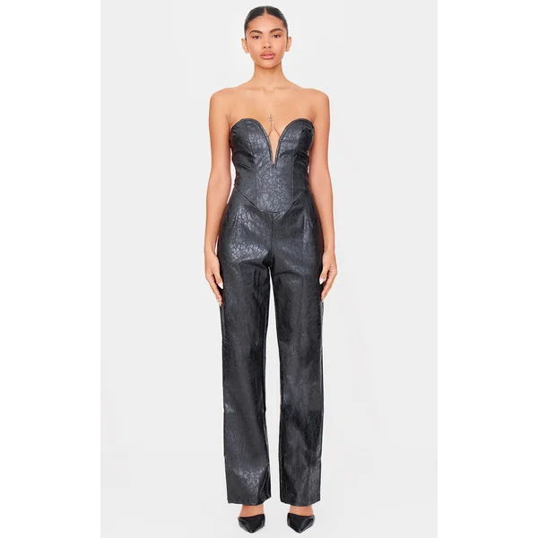 Black Croc Faux Leather Bandeau Plunge Straight Leg Jumpsuit