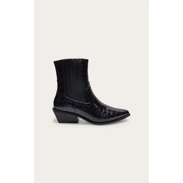 Black Croc PU Point Toe Low Block Heel Western Ankle Boots