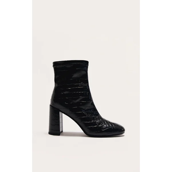 Black Croc Pu Round Toe Heeled Ankle Sock Boots