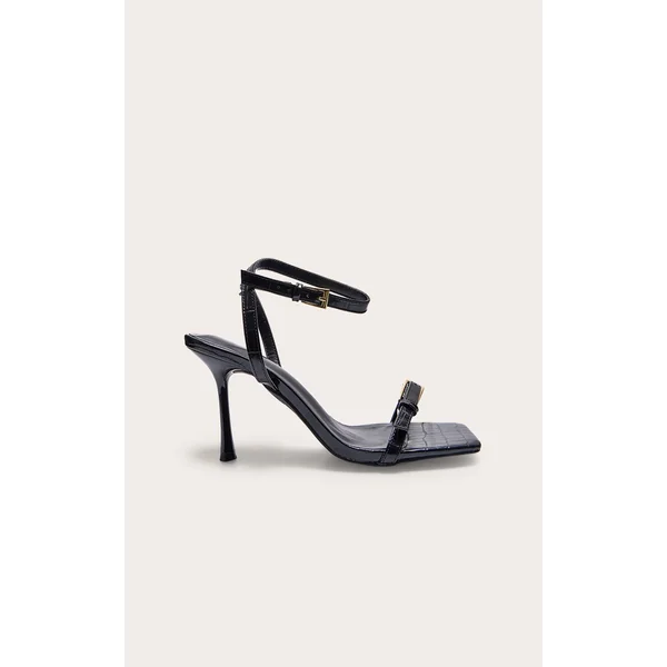 Black Croc PU Square Toe Double Buckle High Stiletto Heeled Sandals