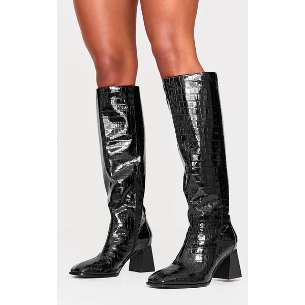 Black Croc PU Wide Fit Round Toe High Block Heel Knee High Boots