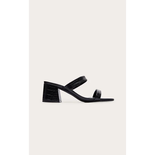 Black Croc Pu Wide Fit Square Toe Block Heeled Mules