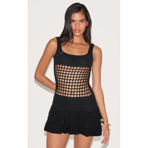 Black Crochet Double Frill Hem Dress