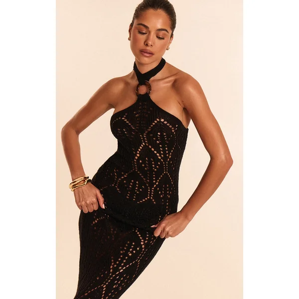Black Crochet Halter Neck Maxi Beach Dress